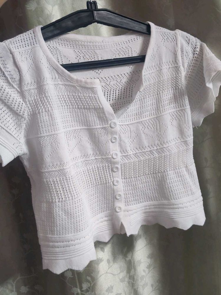 Crochet Knit Button-Up Top