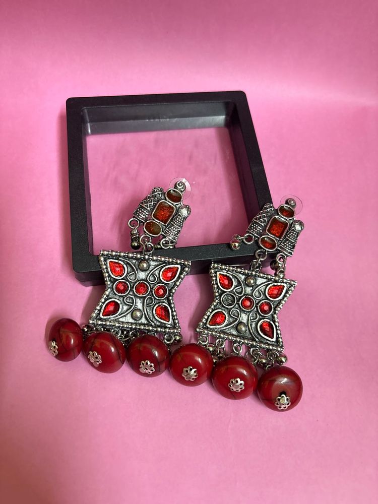 Red Beaded Dangle Earrings