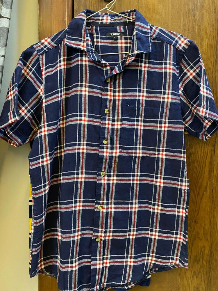 Check Collared Dark Blue T Shirt