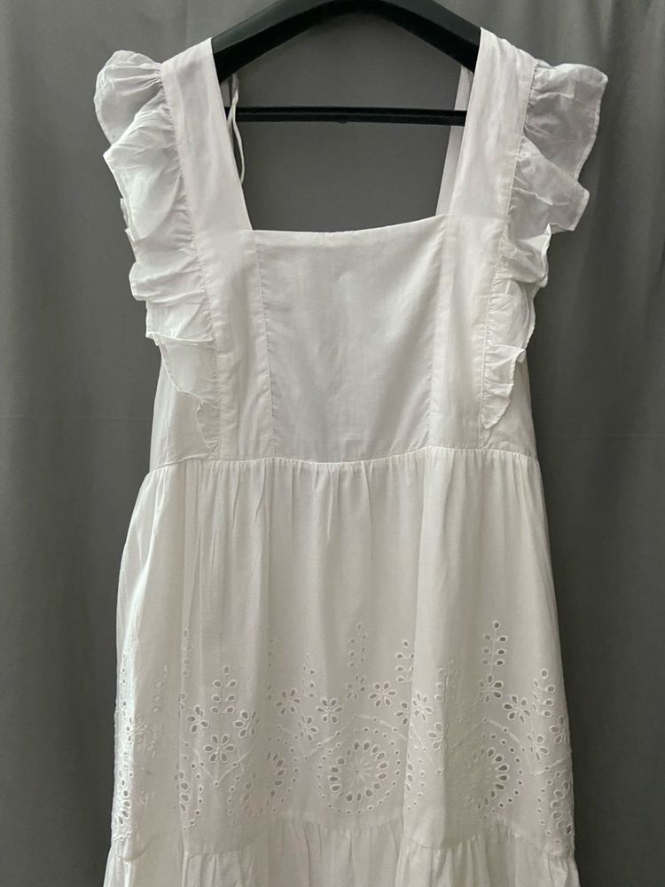White Ethnic Embroidered Pure Cotton Dress