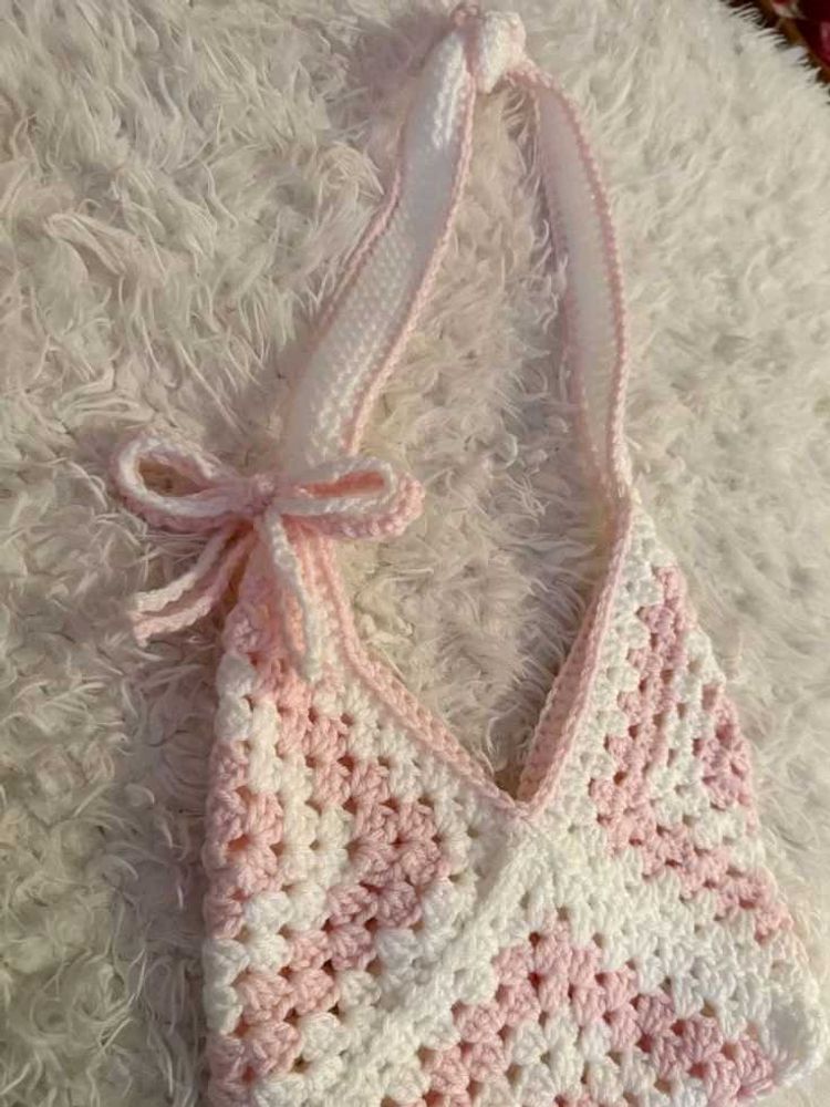 Handmade Crochet Tote Bag - Pink &amp; White
