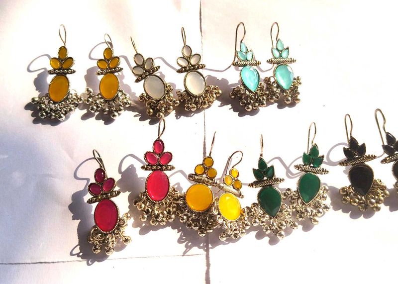 Oxidised Earrings Multicolour Stone Pack Of 6