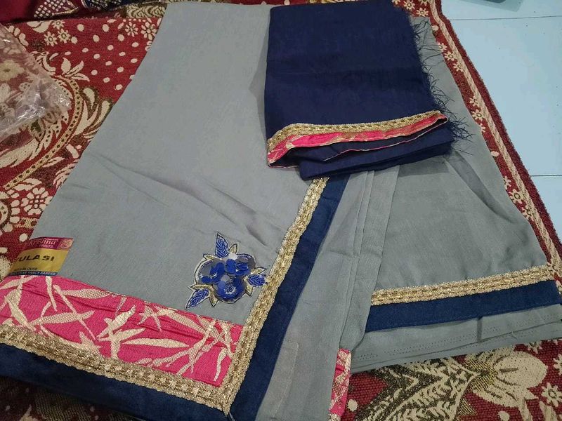 Grey Designated Work Saree With Unstitched Blouse