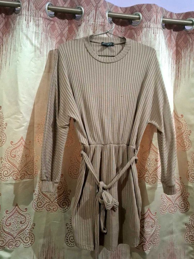Ribbed Knit Dress with Tie Waist