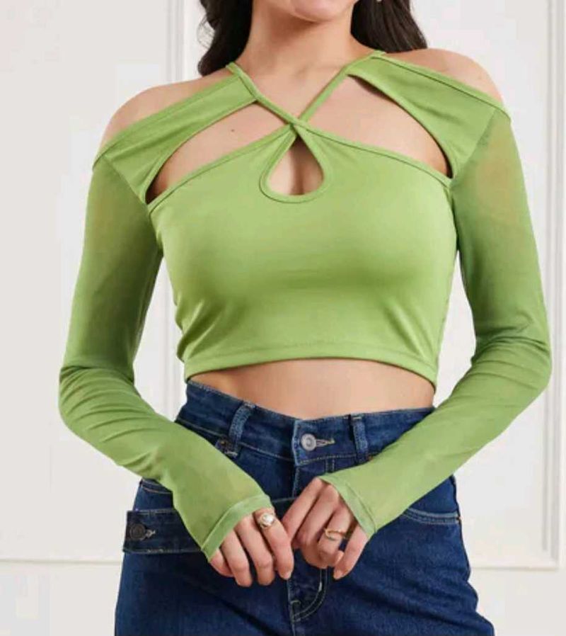 Green Cutout Long Sleeve Top y2k