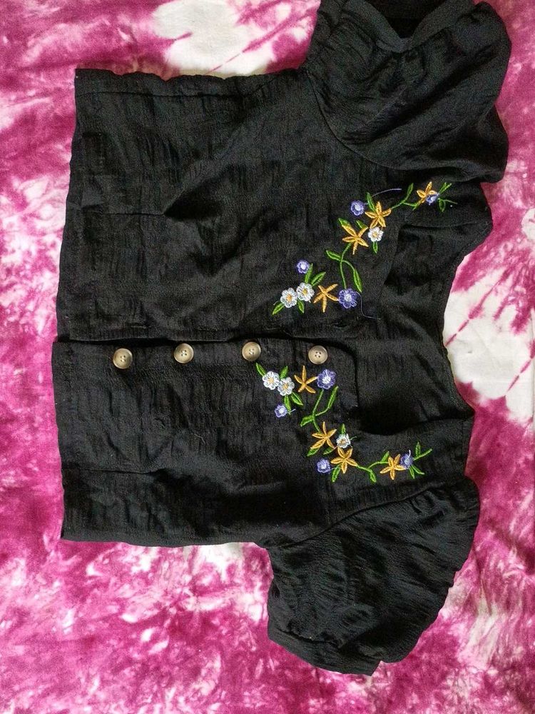 Black Embroidered Button-Up Top