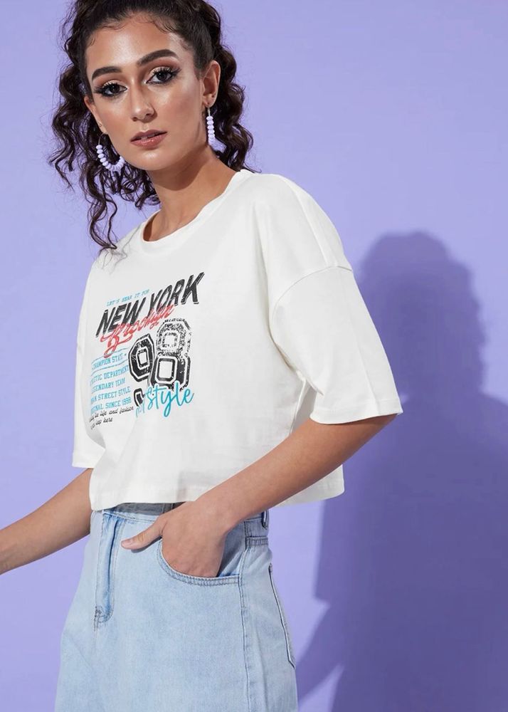 Stylish White Drop Shoulder Graphic Boxy Crop Tee