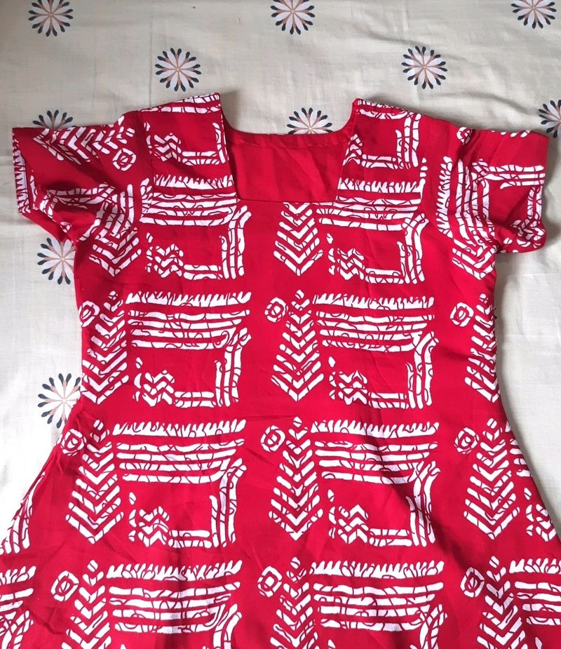 Red And White Polyester Kurta Pant Set