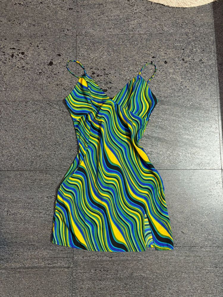 Y2K Vintage Halter Neck Blue Wave Dress With Slit