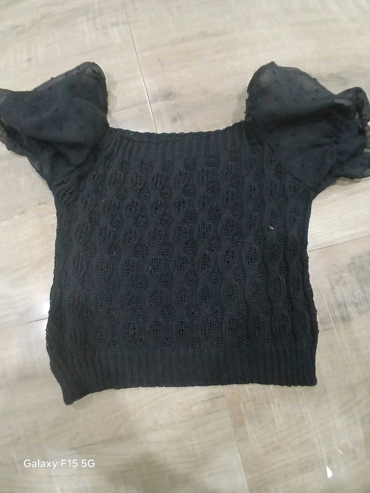Black Puff Sleeve Knit Top Croshet
