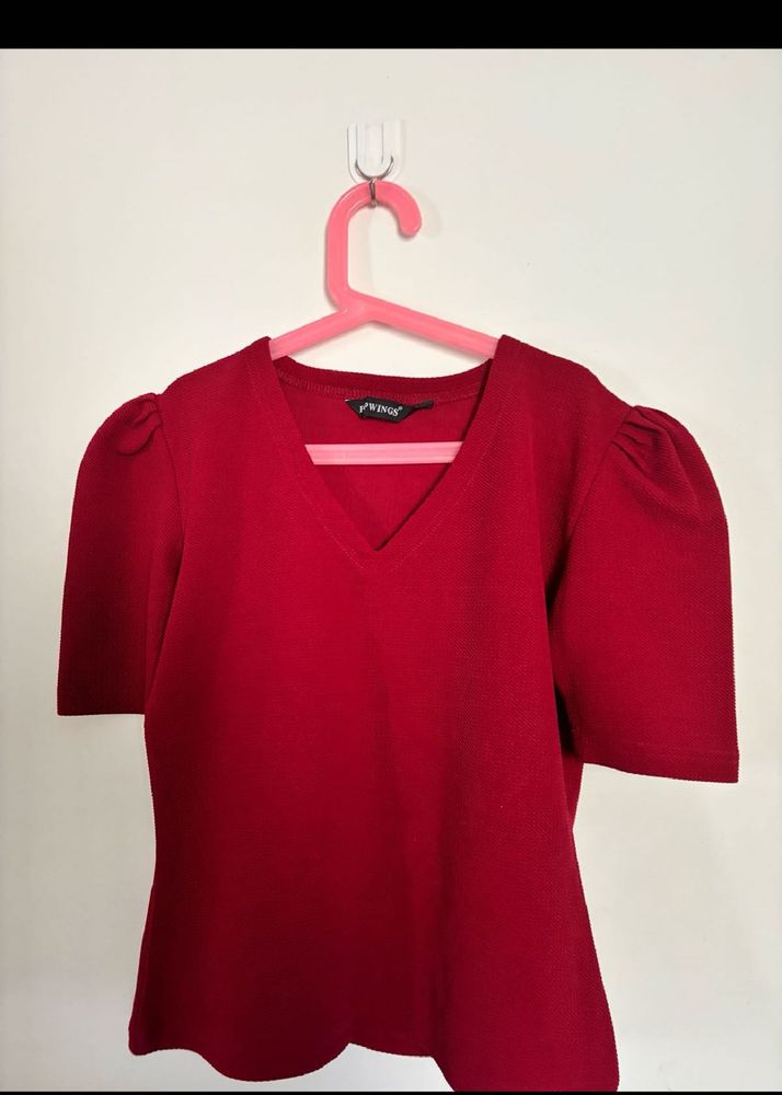 Red Puff Sleeve V-Neck Top